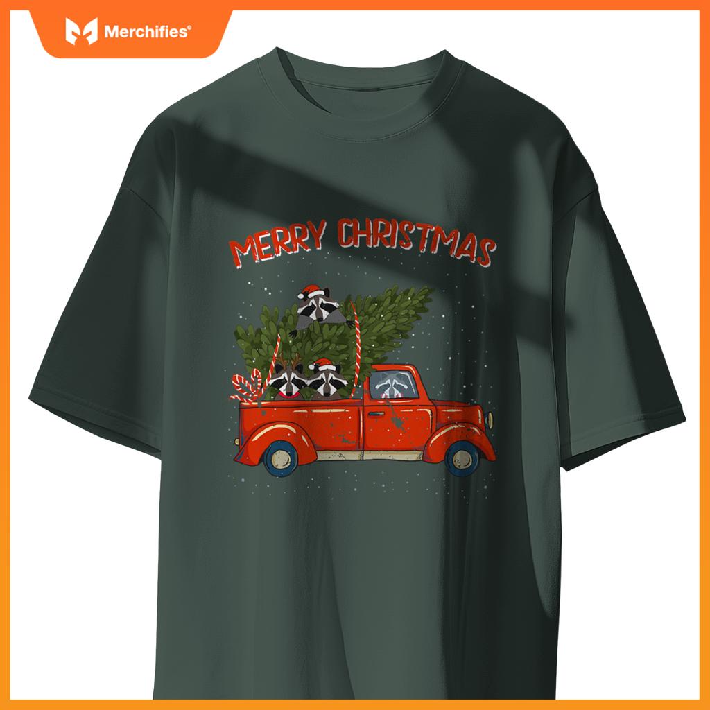 Raccoon Xmas  Red Pickup Truck T-Shirt