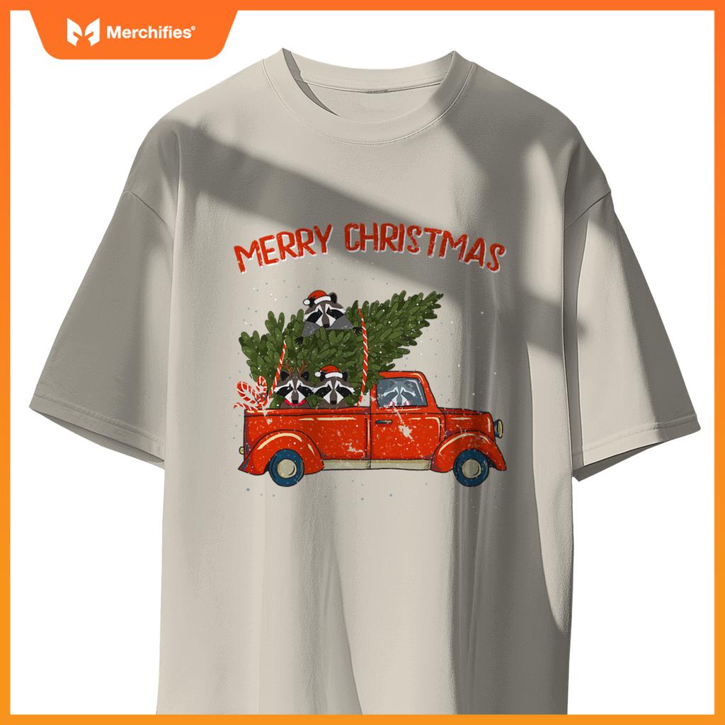 Raccoon Xmas  Red Pickup Truck T-Shirt