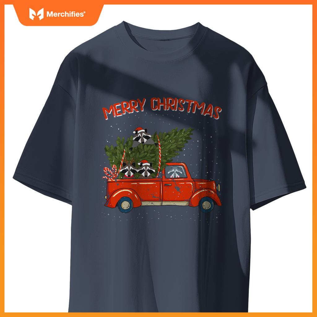 Raccoon Xmas  Red Pickup Truck T-Shirt