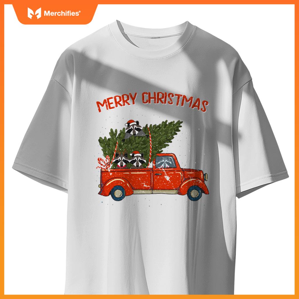 Raccoon Xmas  Red Pickup Truck T-Shirt
