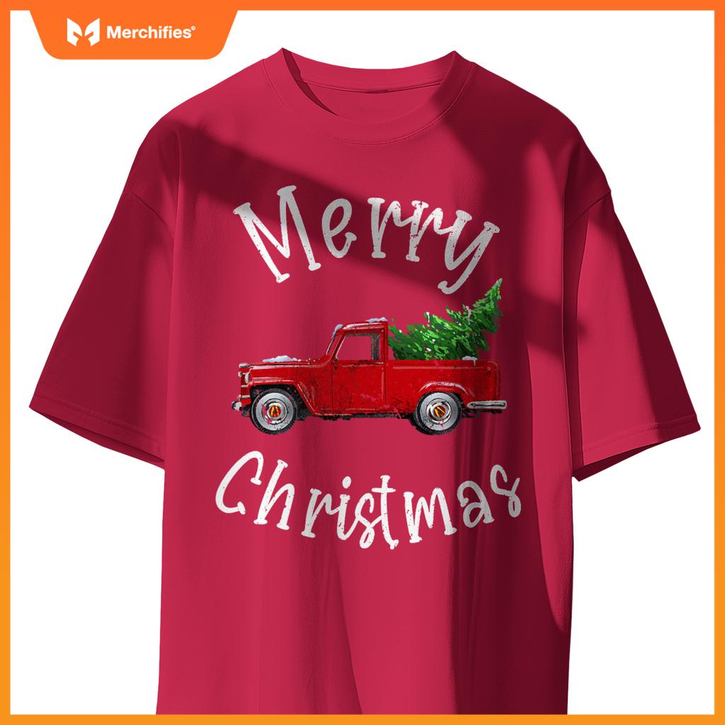 Red Wagon Tree Vacation  Red Truck Christmas T-Shirt