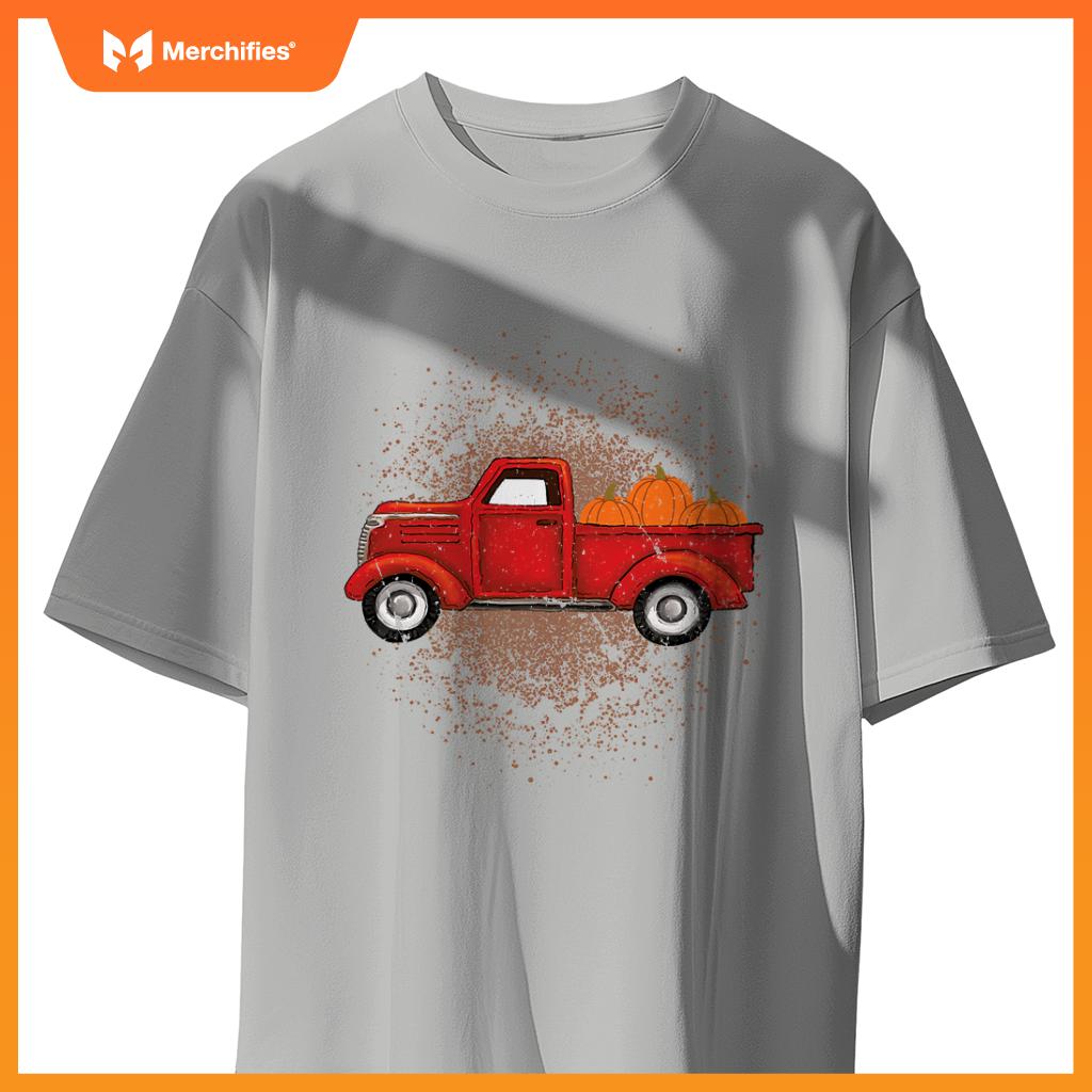 Red Pickup Truck With Pumpkins Autumn Fall T-Shirt