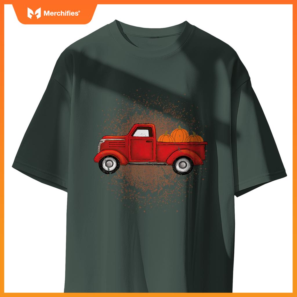 Red Pickup Truck With Pumpkins Autumn Fall T-Shirt