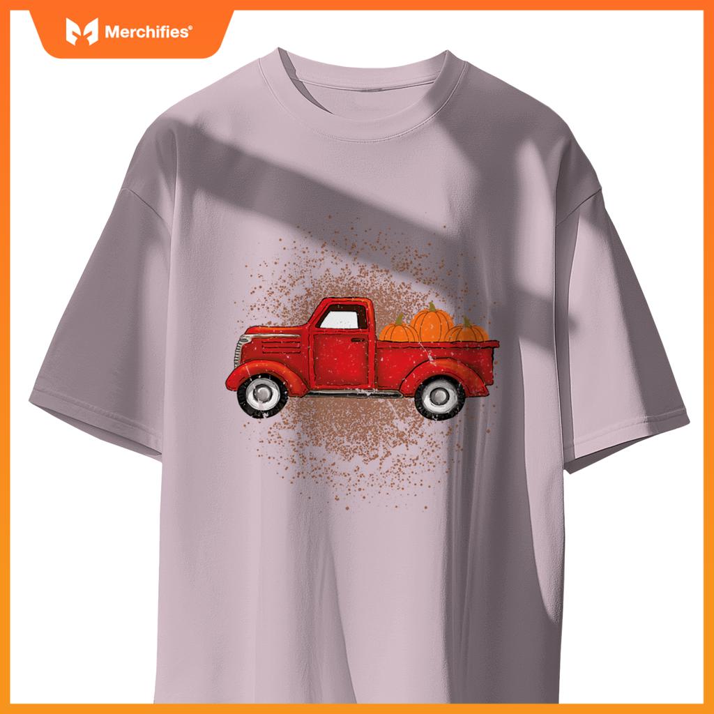 Red Pickup Truck With Pumpkins Autumn Fall T-Shirt