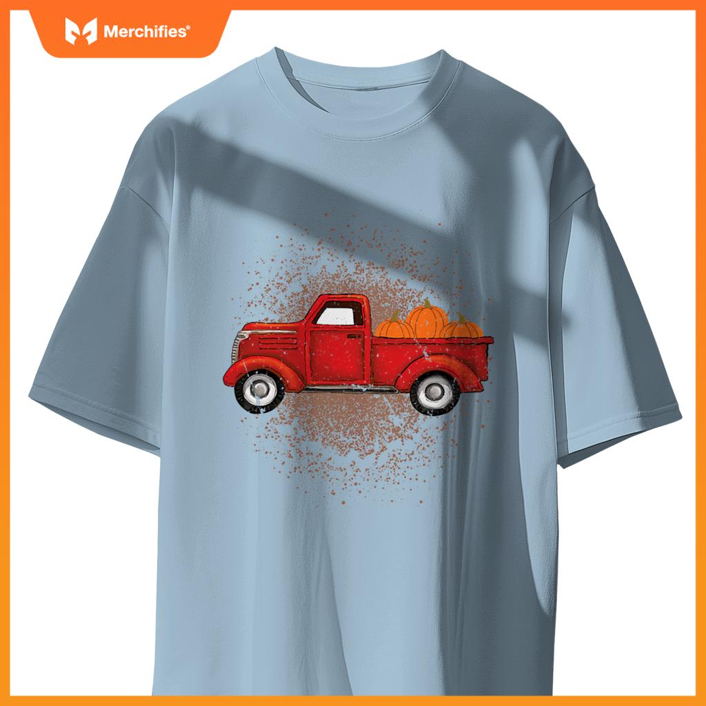 Red Pickup Truck With Pumpkins Autumn Fall T-Shirt