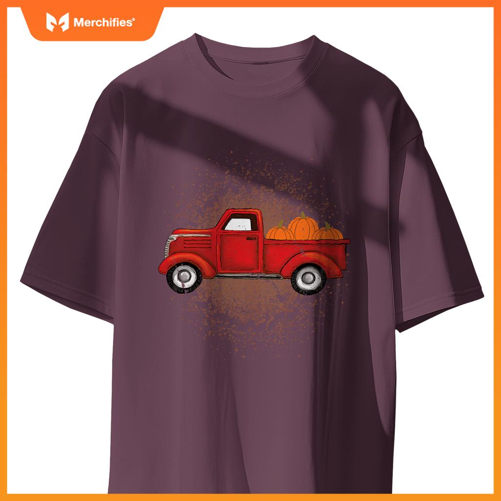 Red Pickup Truck With Pumpkins Autumn Fall T-Shirt