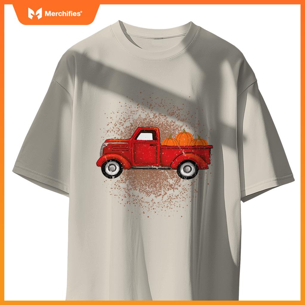Red Pickup Truck With Pumpkins Autumn Fall T-Shirt