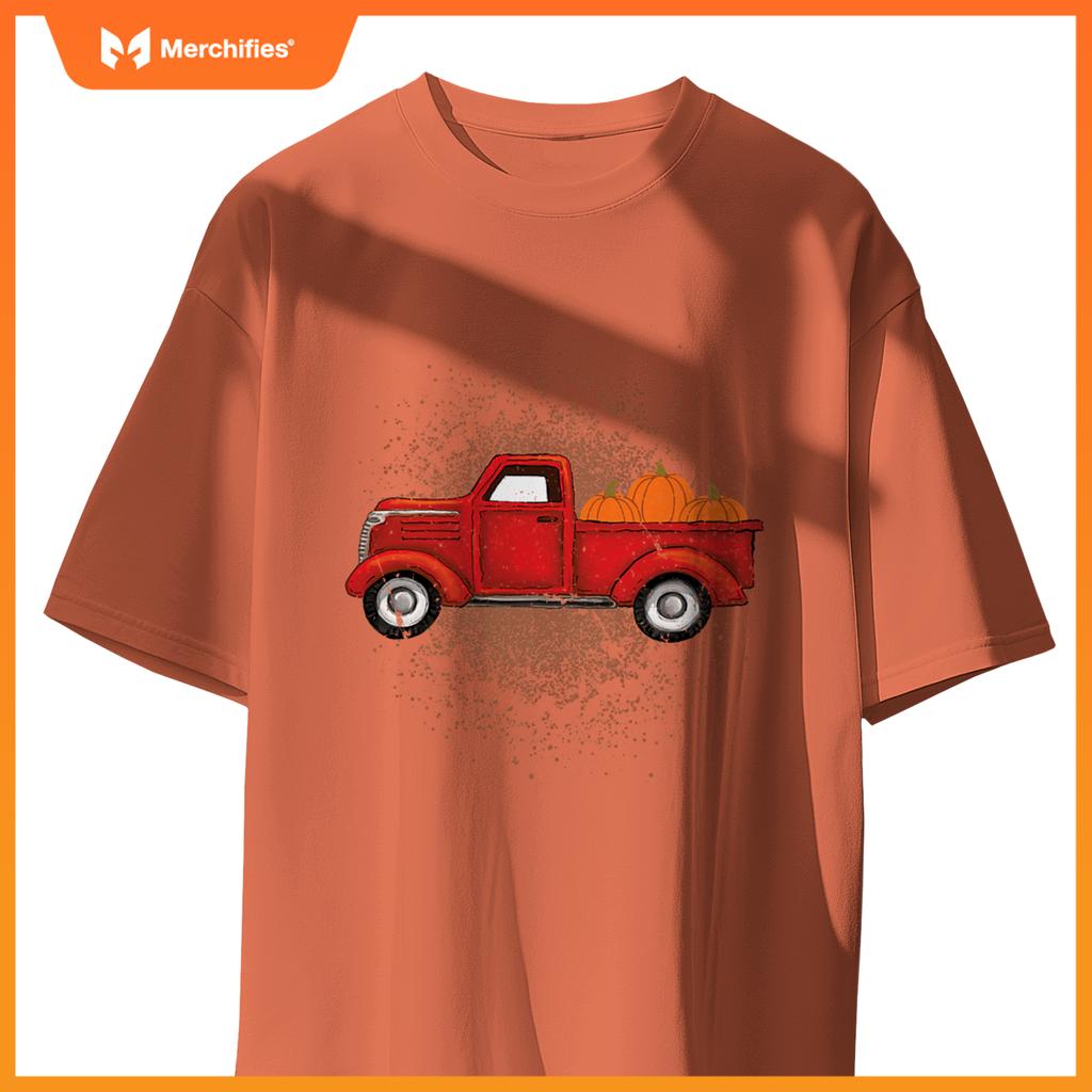 Red Pickup Truck With Pumpkins Autumn Fall T-Shirt