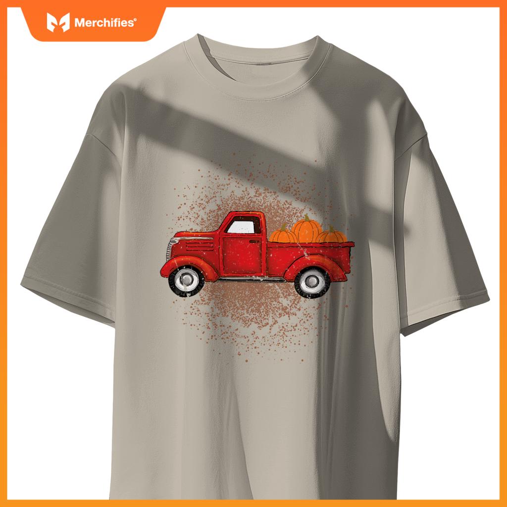 Red Pickup Truck With Pumpkins Autumn Fall T-Shirt