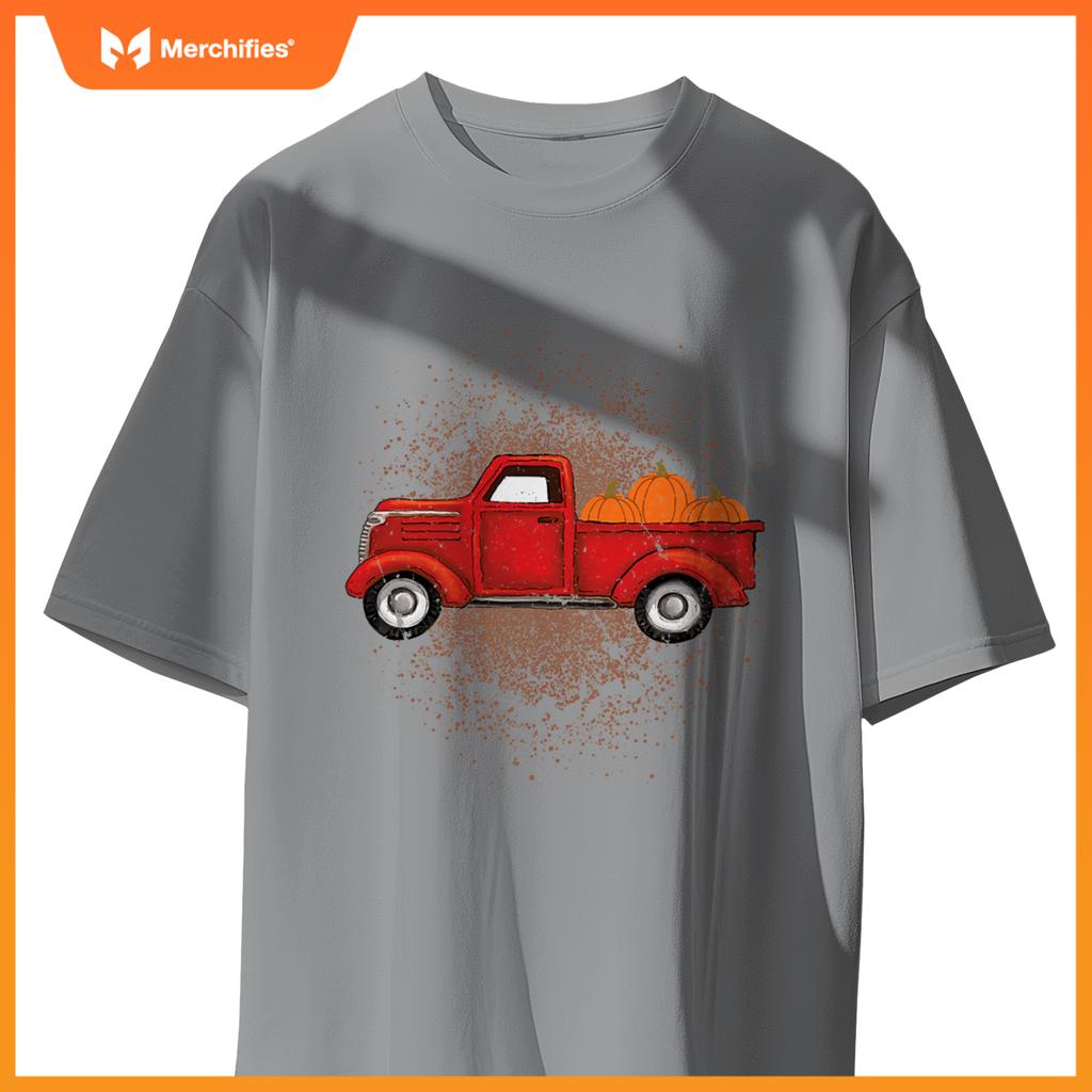 Red Pickup Truck With Pumpkins Autumn Fall T-Shirt