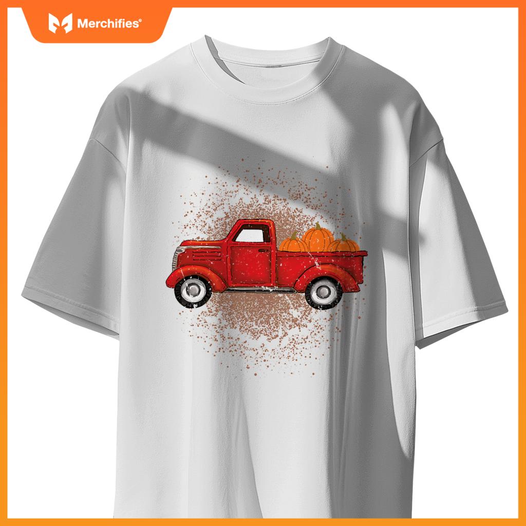 Red Pickup Truck With Pumpkins Autumn Fall T-Shirt