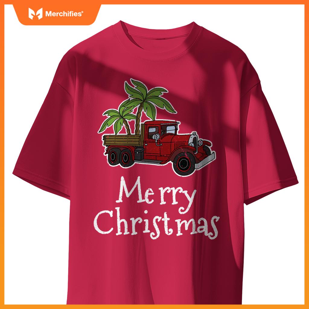 Red Truck Christmas Palm Tree Xmas Pajamas T-Shirt