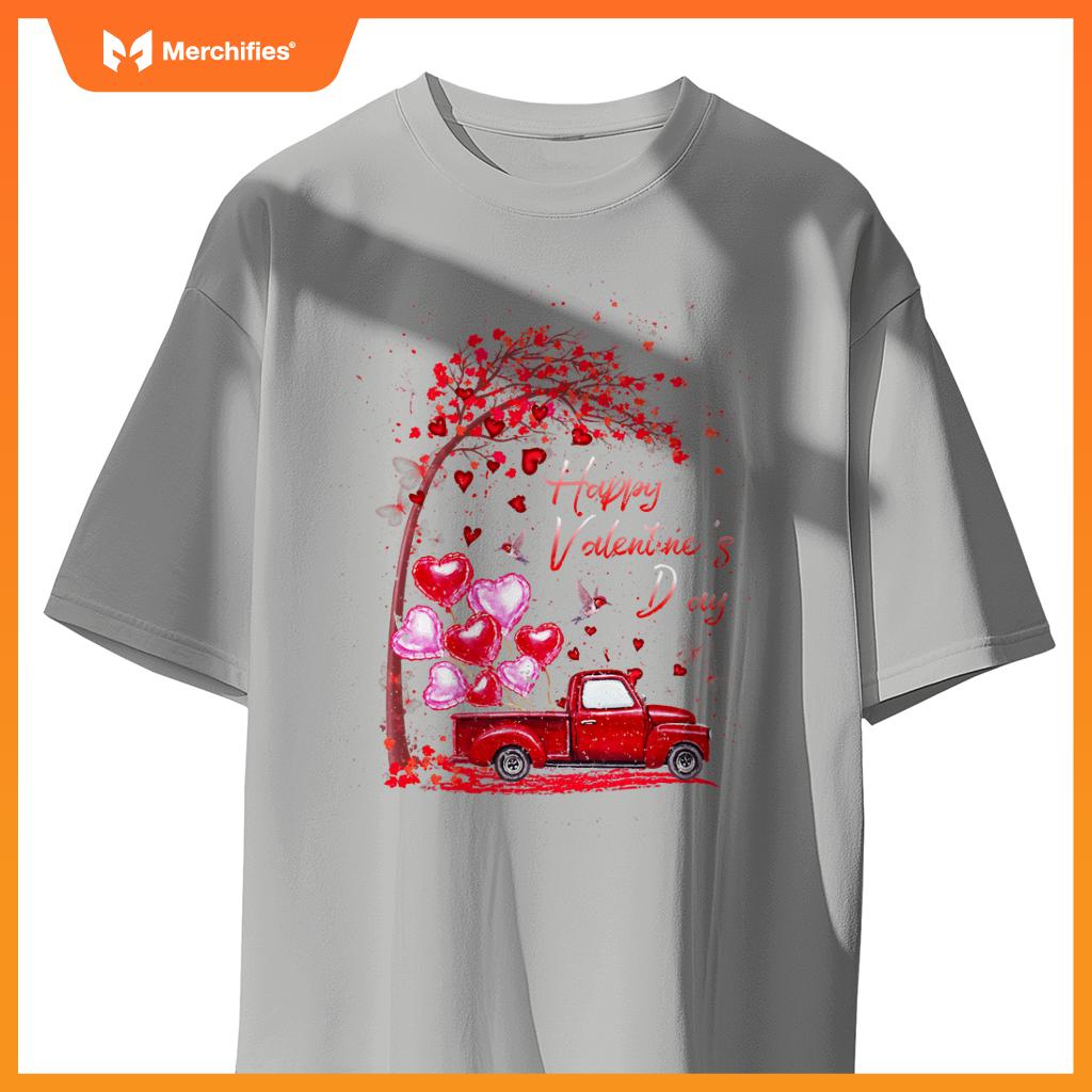 Red Truck Happy Valentines Day Cute Couple Matching T-Shirt