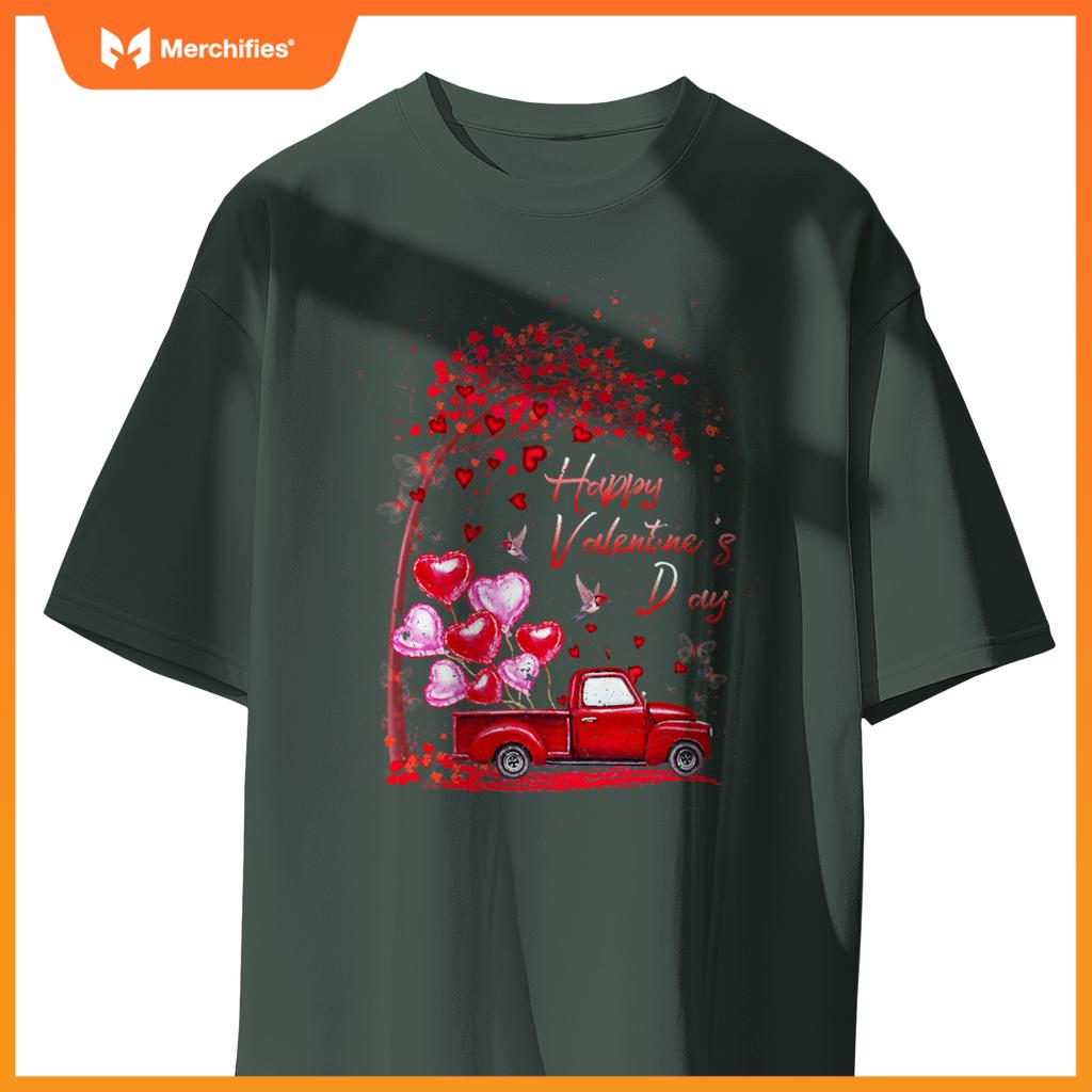 Red Truck Happy Valentines Day Cute Couple Matching T-Shirt