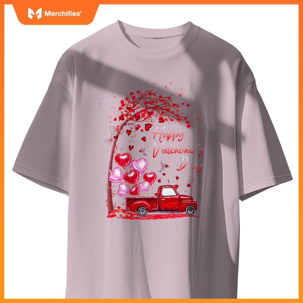 Red Truck Happy Valentines Day Cute Couple Matching T-Shirt