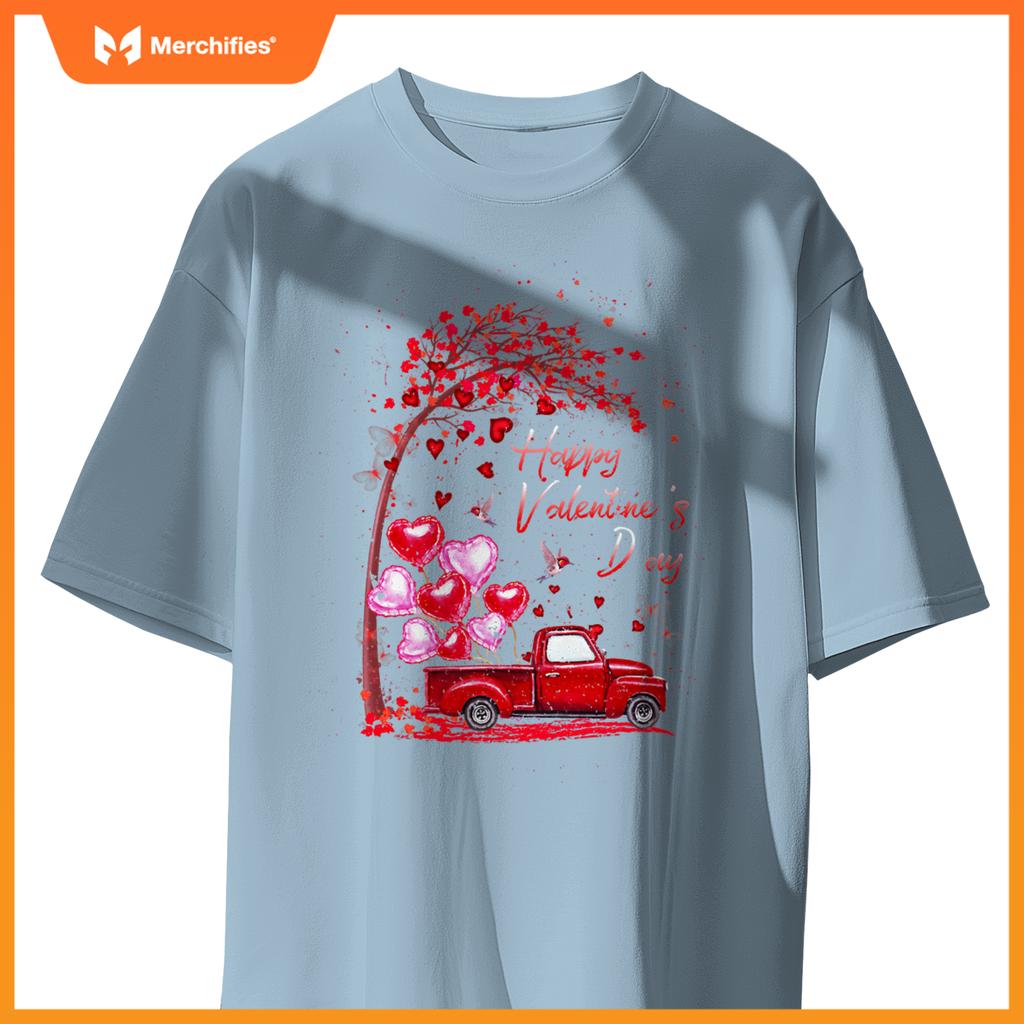 Red Truck Happy Valentines Day Cute Couple Matching T-Shirt