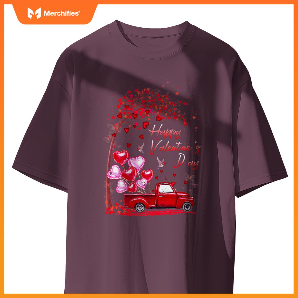 Red Truck Happy Valentines Day Cute Couple Matching T-Shirt