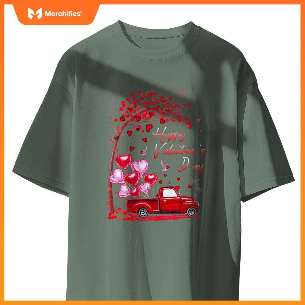 Red Truck Happy Valentines Day Cute Couple Matching T-Shirt