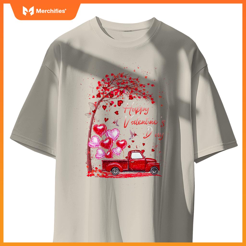 Red Truck Happy Valentines Day Cute Couple Matching T-Shirt