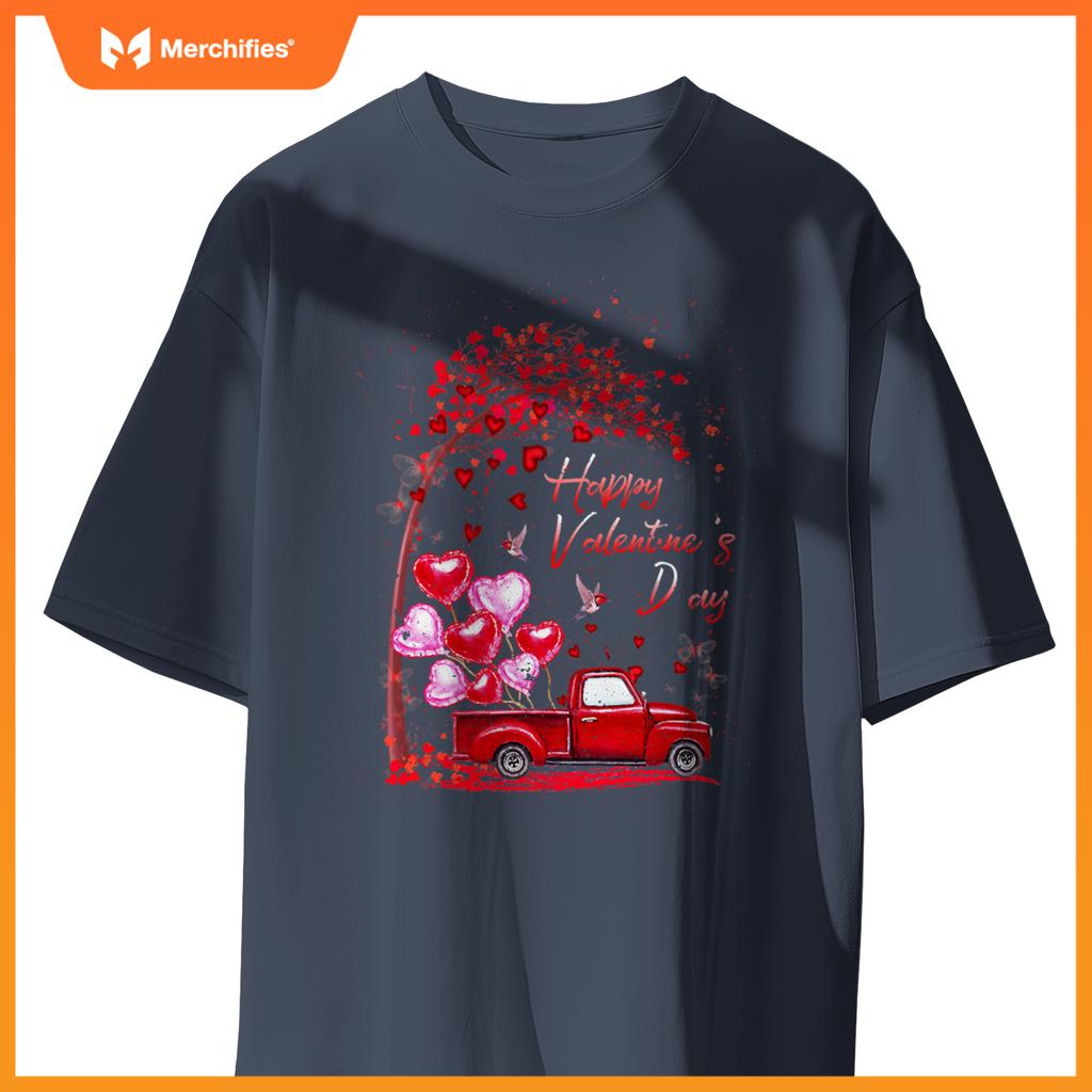 Red Truck Happy Valentines Day Cute Couple Matching T-Shirt
