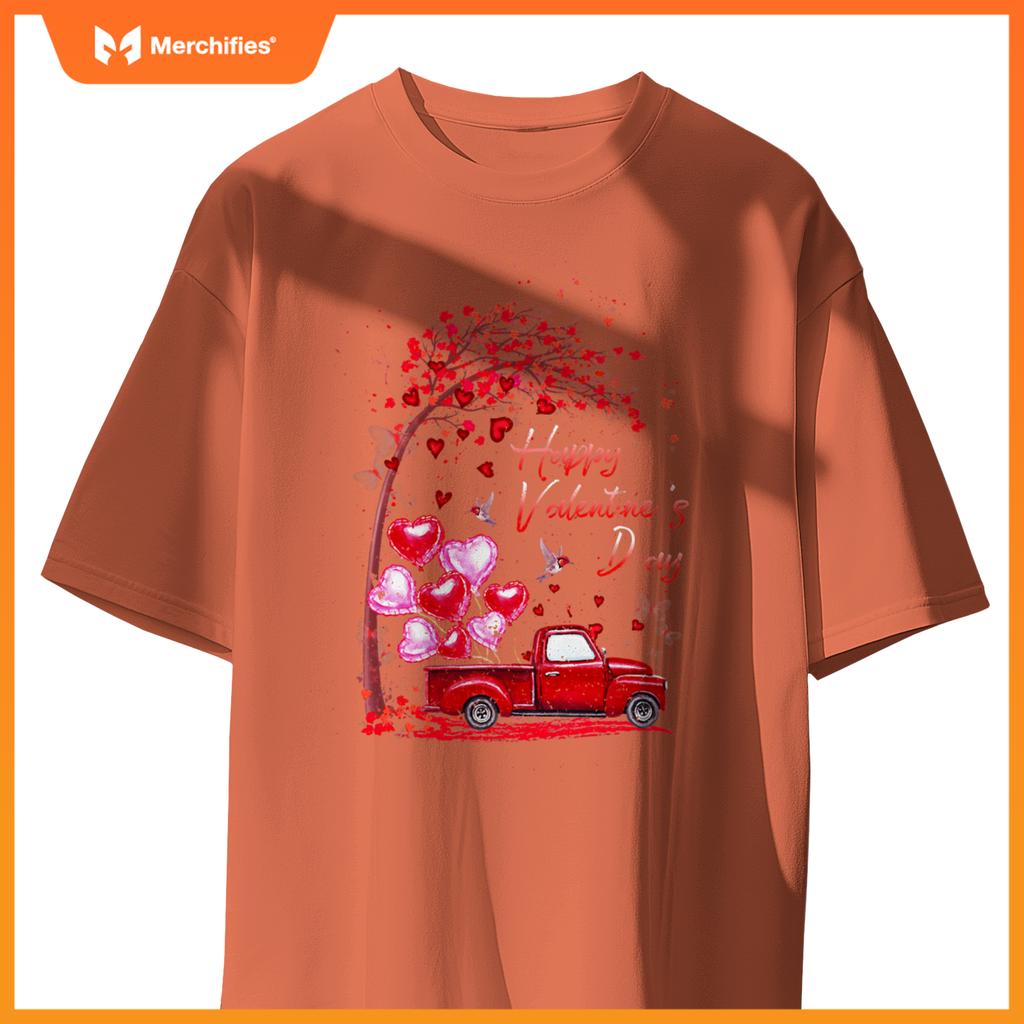 Red Truck Happy Valentines Day Cute Couple Matching T-Shirt