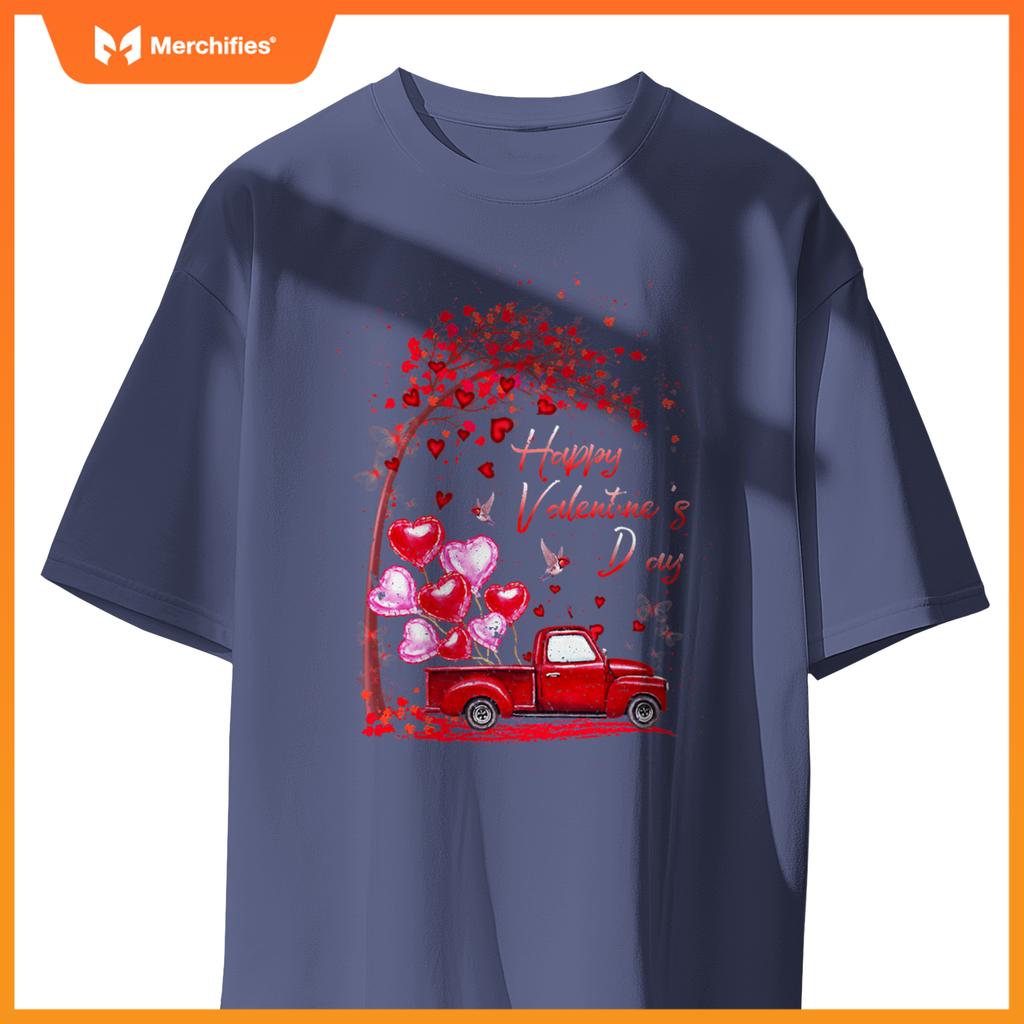 Red Truck Happy Valentines Day Cute Couple Matching T-Shirt