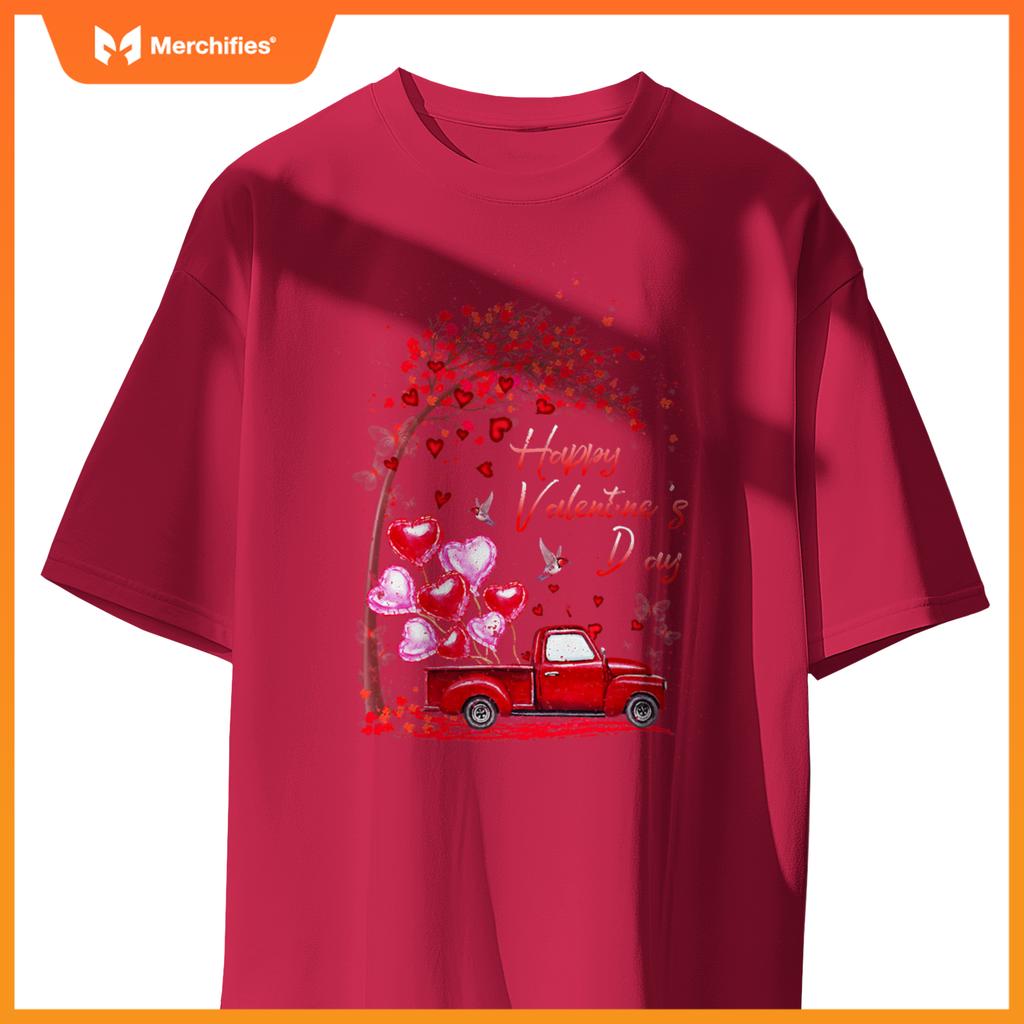 Red Truck Happy Valentines Day Cute Couple Matching T-Shirt