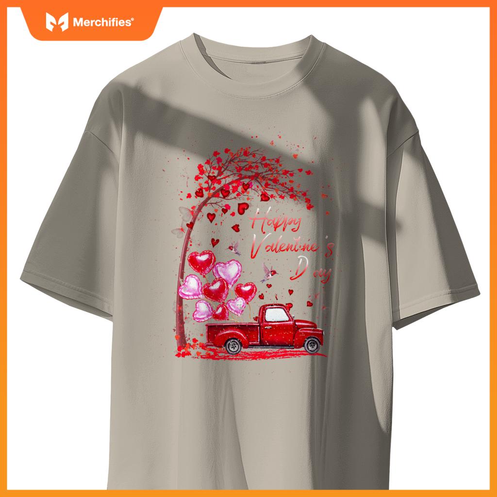 Red Truck Happy Valentines Day Cute Couple Matching T-Shirt