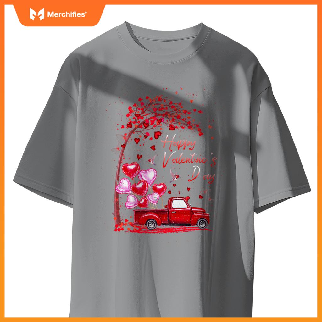 Red Truck Happy Valentines Day Cute Couple Matching T-Shirt