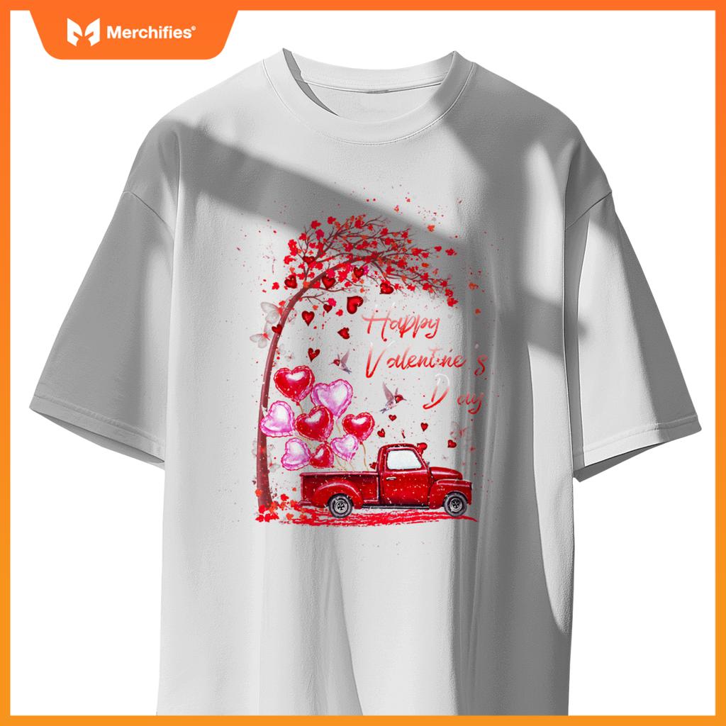 Red Truck Happy Valentines Day Cute Couple Matching T-Shirt