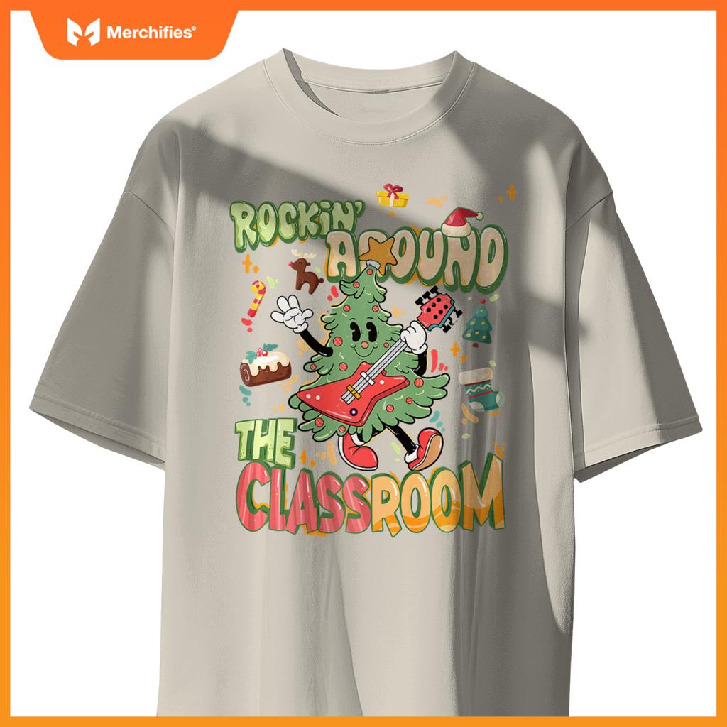 Rocking around classroom teacher christmas tree with guitar premium