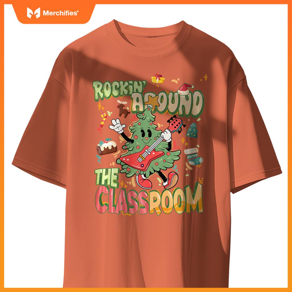Rocking around classroom teacher christmas tree with guitar premium