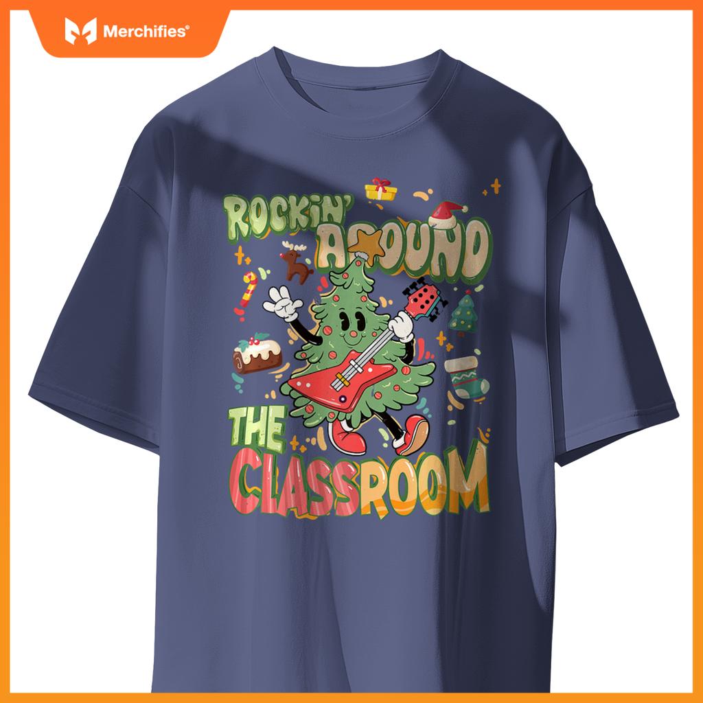 Rocking around classroom teacher christmas tree with guitar premium