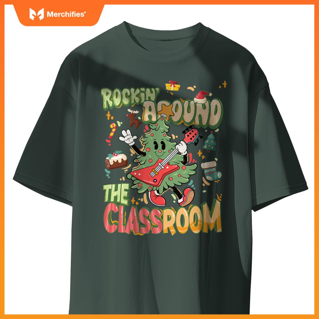 Rocking around classroom teacher christmas tree with guitar