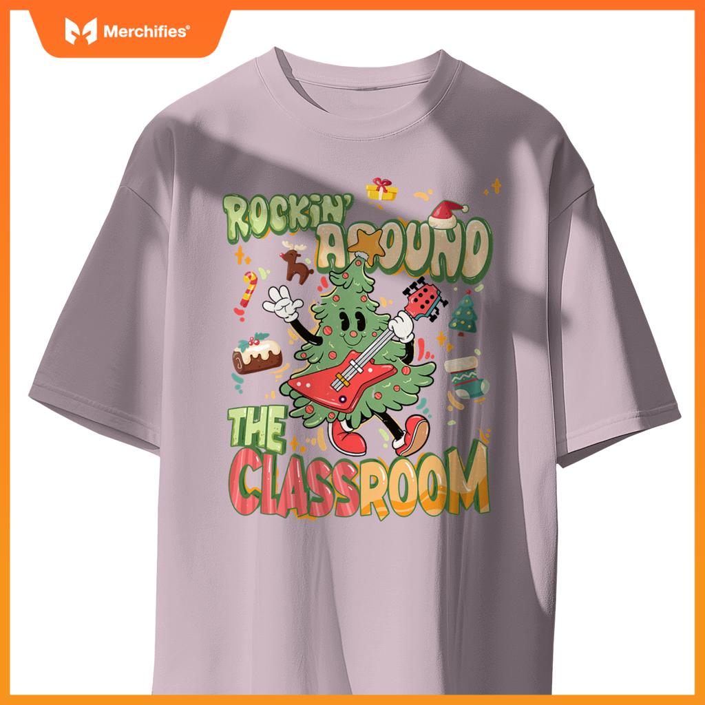 Rocking around classroom teacher christmas tree with guitar