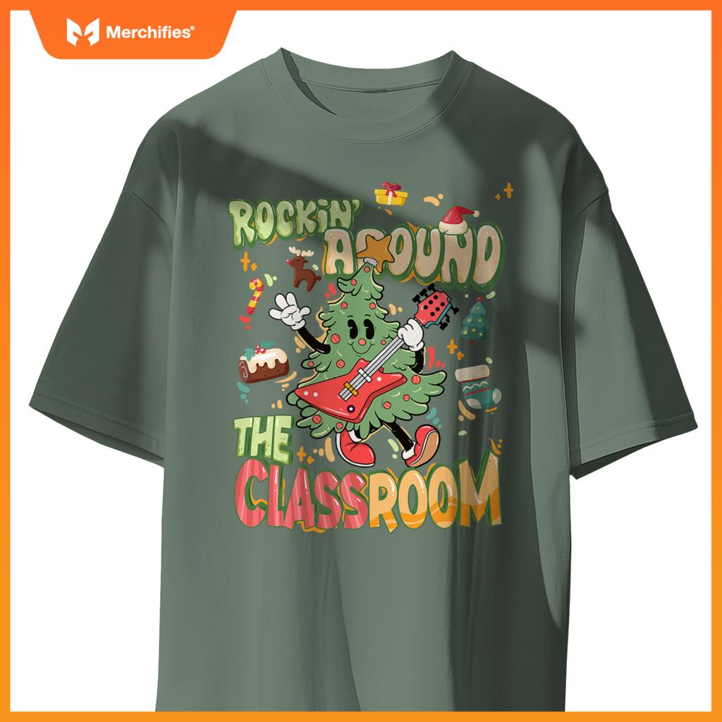 Rocking around classroom teacher christmas tree with guitar