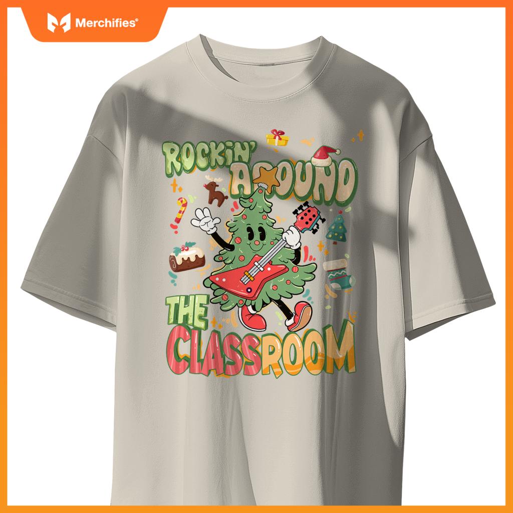 Rocking around classroom teacher christmas tree with guitar