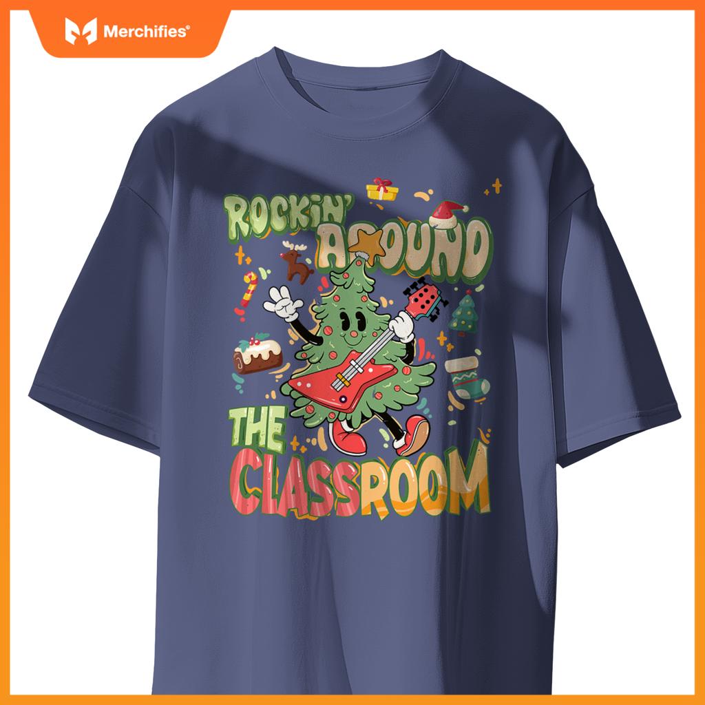 Rocking around classroom teacher christmas tree with guitar