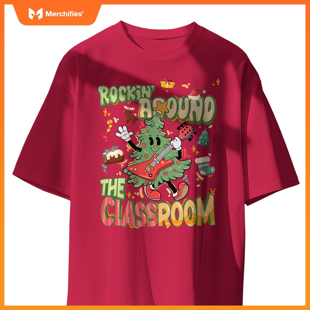 Rocking around classroom teacher christmas tree with guitar