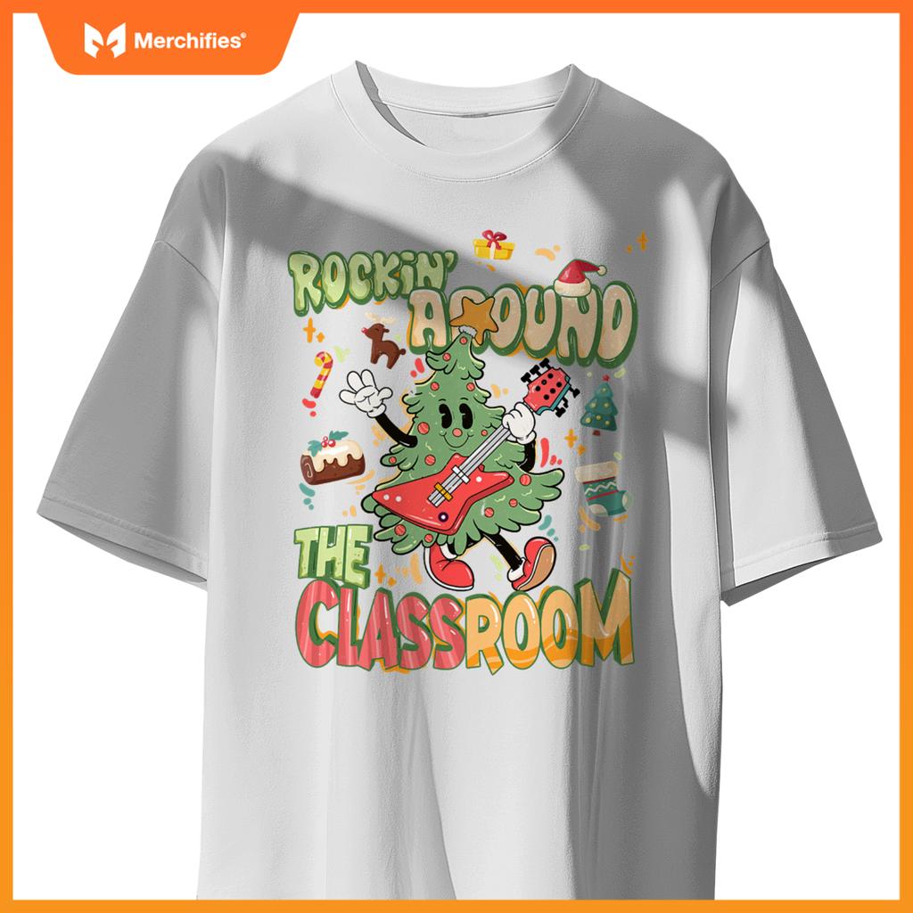 Rocking around classroom teacher christmas tree with guitar
