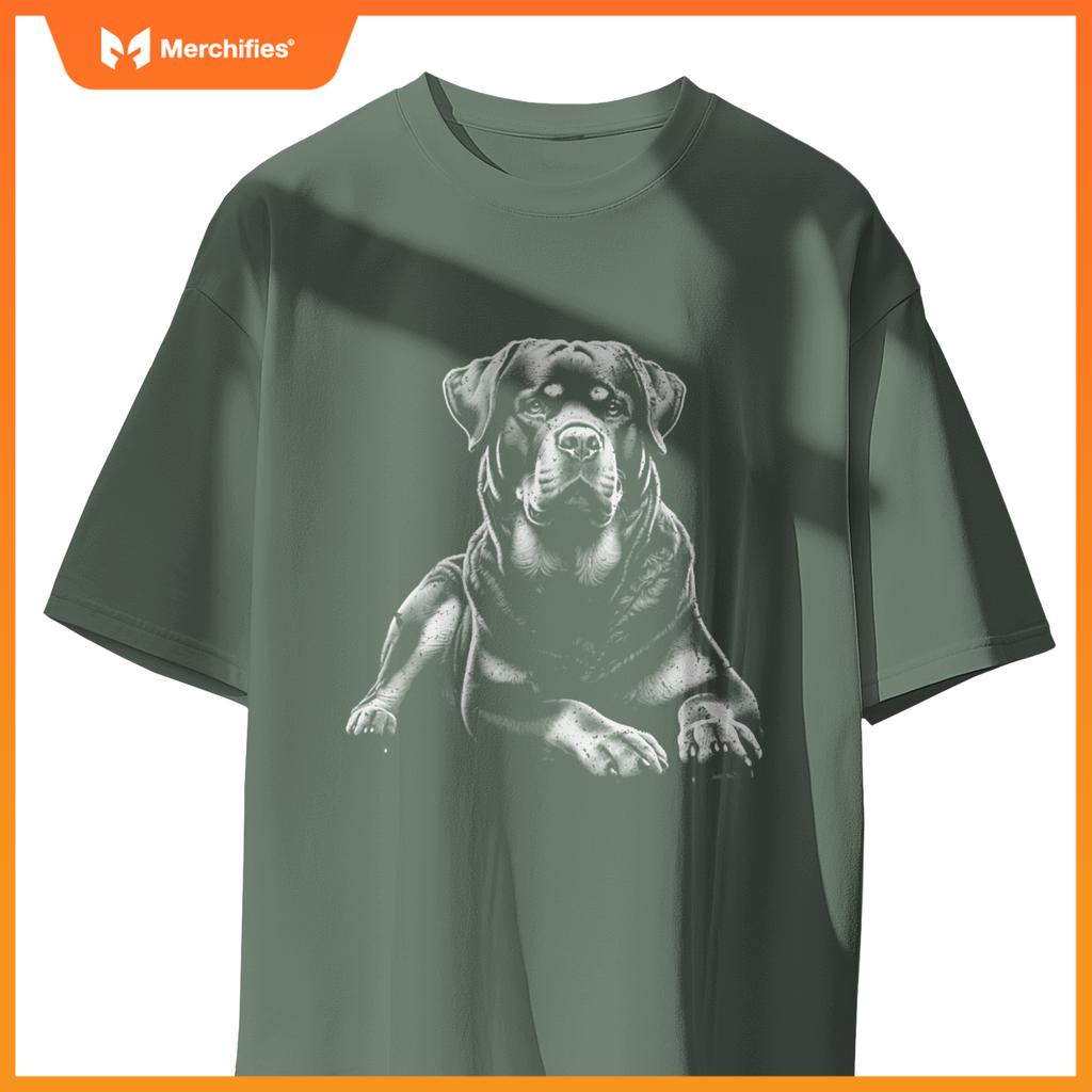 Rottweiler Dog In Lying Pose - Drawing Style Pullover T-Shirt