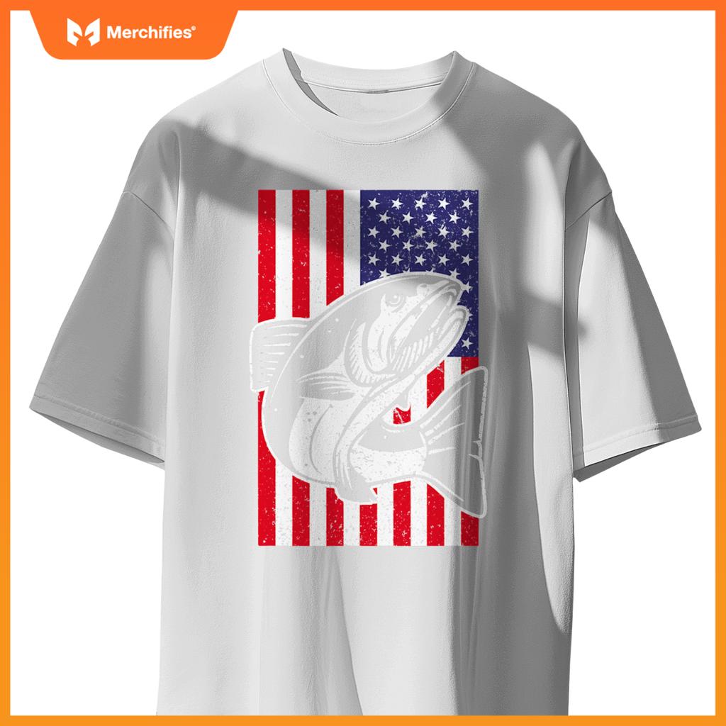 Salmon fishing 4th of july patriotic american flag T-Shirt