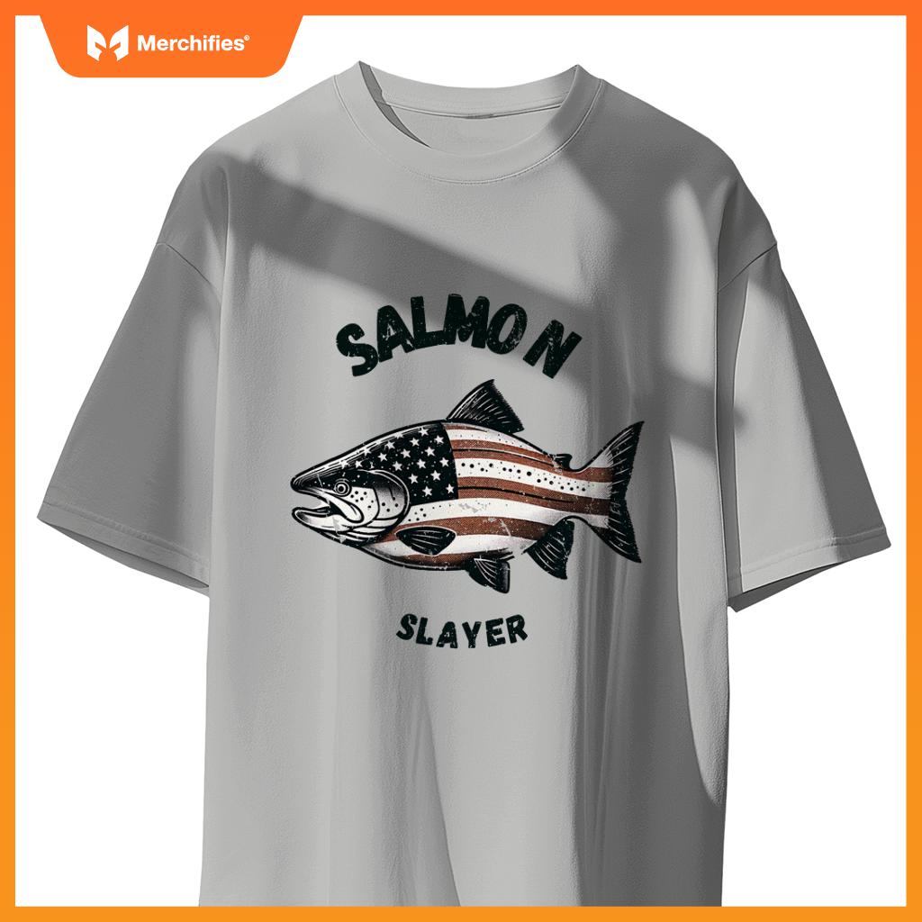 Salmon slayer fishing usa american flag patriotic T-Shirt