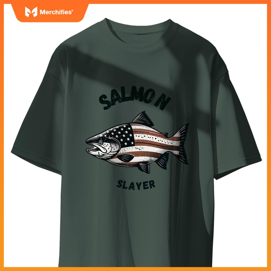 Salmon slayer fishing usa american flag patriotic T-Shirt