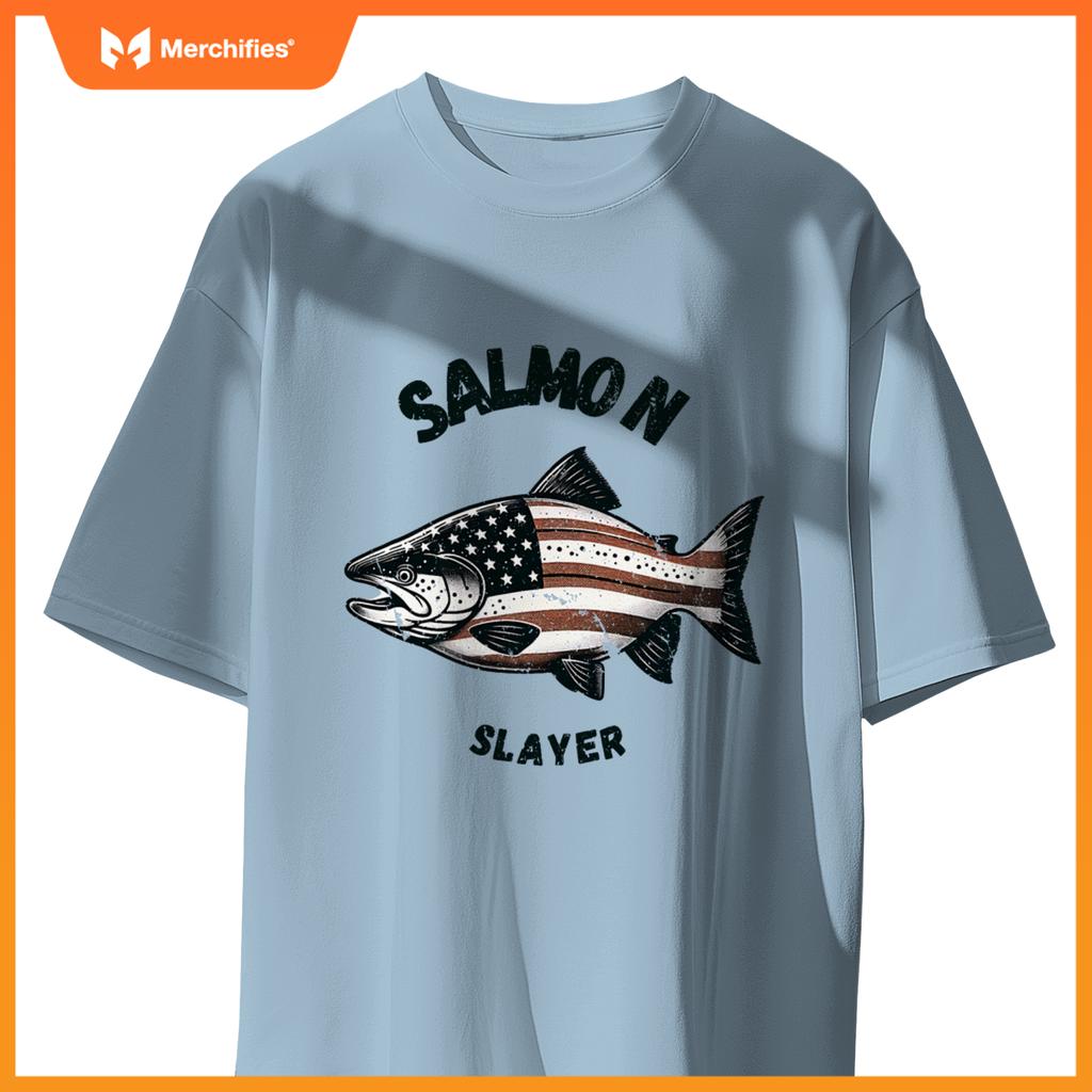 Salmon slayer fishing usa american flag patriotic T-Shirt