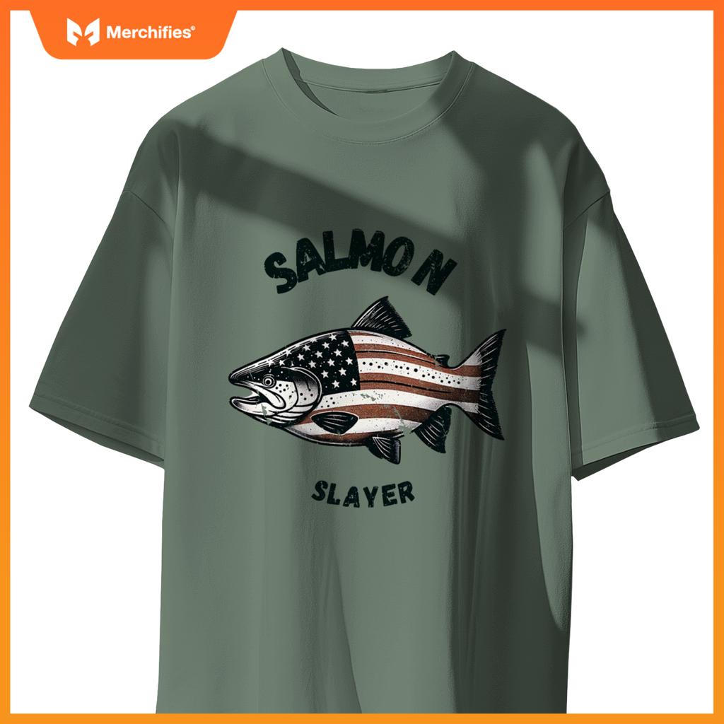 Salmon slayer fishing usa american flag patriotic T-Shirt
