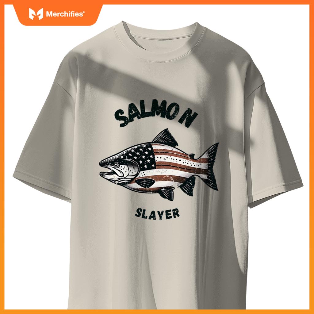 Salmon slayer fishing usa american flag patriotic T-Shirt
