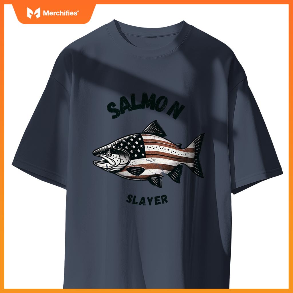 Salmon slayer fishing usa american flag patriotic T-Shirt