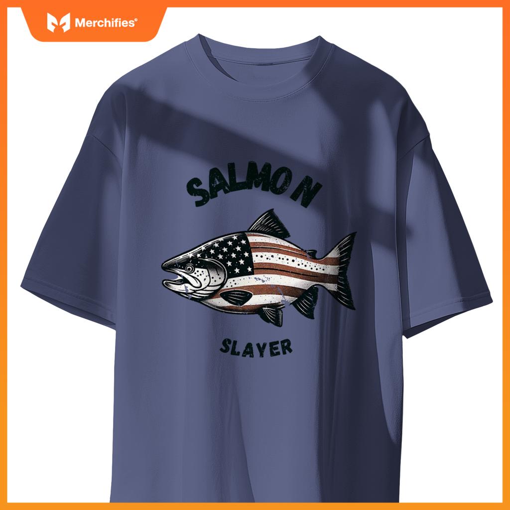Salmon slayer fishing usa american flag patriotic T-Shirt