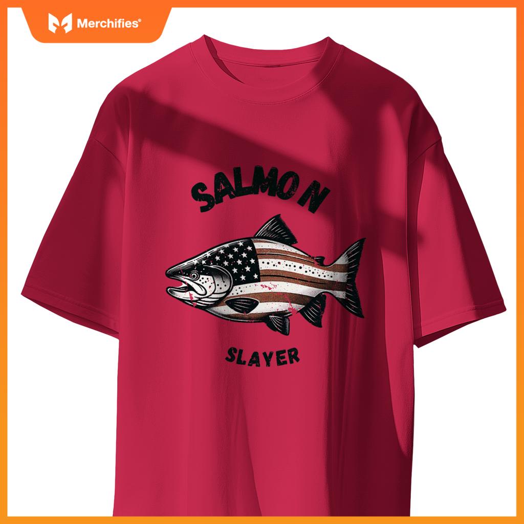 Salmon slayer fishing usa american flag patriotic T-Shirt